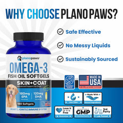 Planopaws Omega-3 dog ingredients label highlights fish oil sources and safety.
