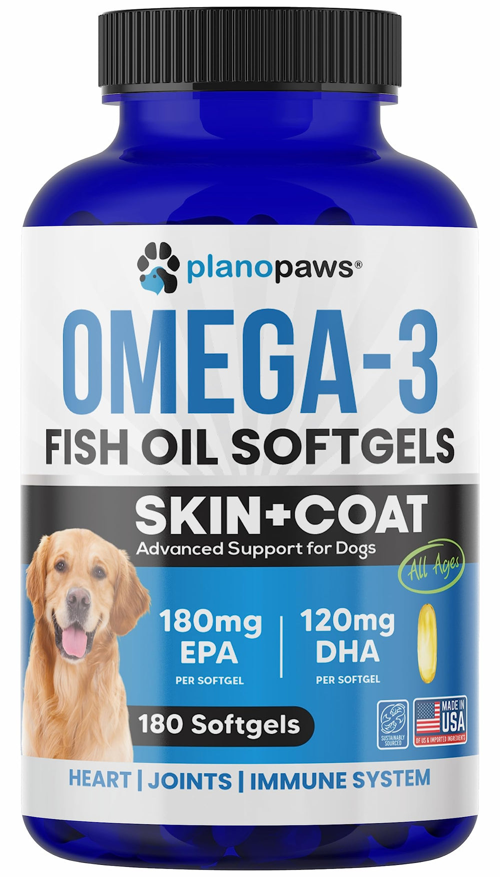Planopaws Omega-3 dog joint-benefits graphic suggests mobility support.