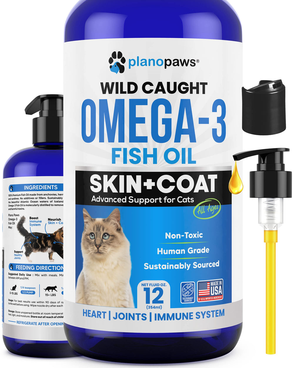 Planopaws Omega 3 for Cats bottle with pump for easy dosing and healthier skin