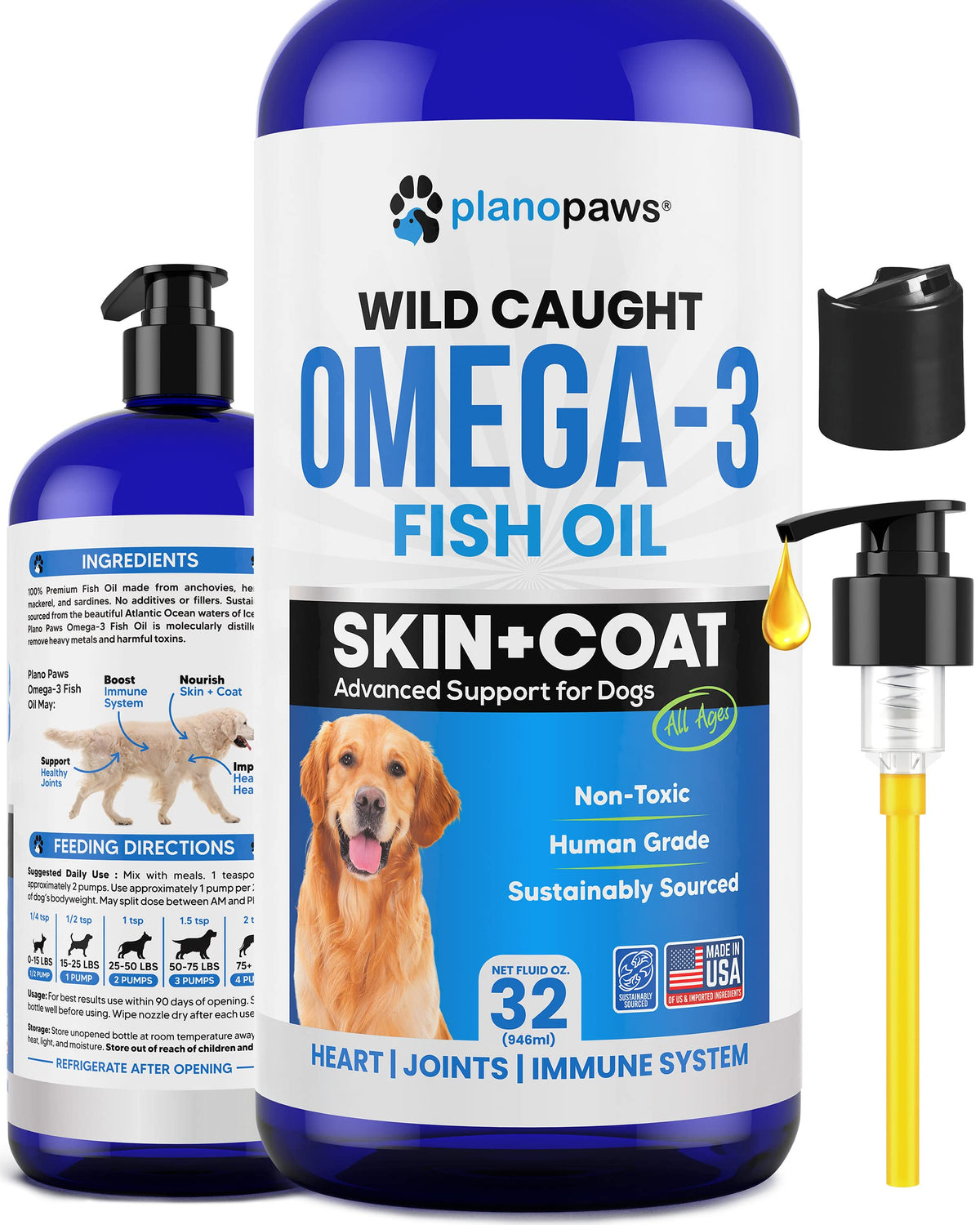 Plano Paws Omega-3 dog bottle-pour on food for easy dosing.
