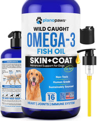 Planopaws Omega 3 dog fish oil bottle pour supports coat shine and joint comfort