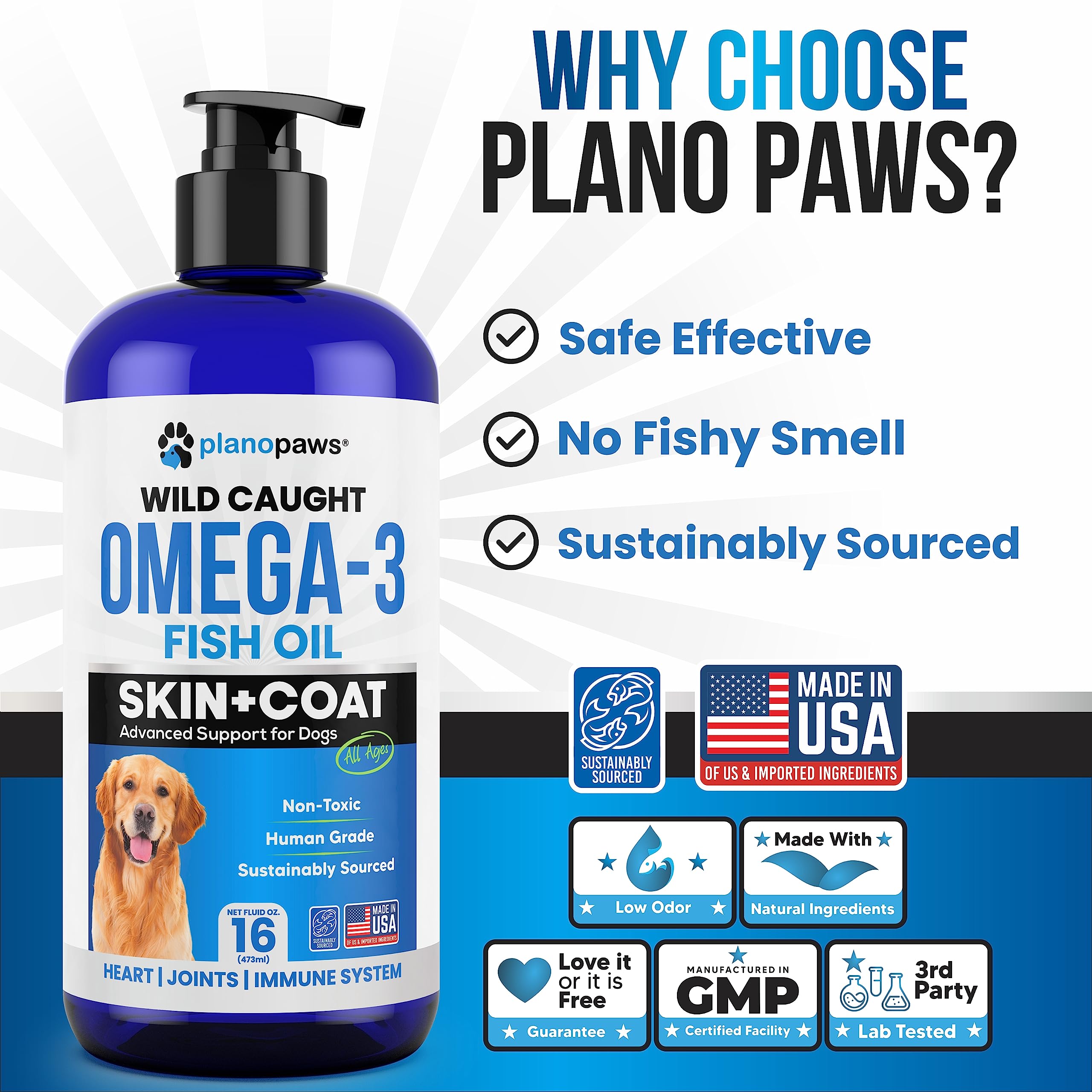 Planopaws Omega 3 fish oil pump highlighting simple daily dosing for picky eaters