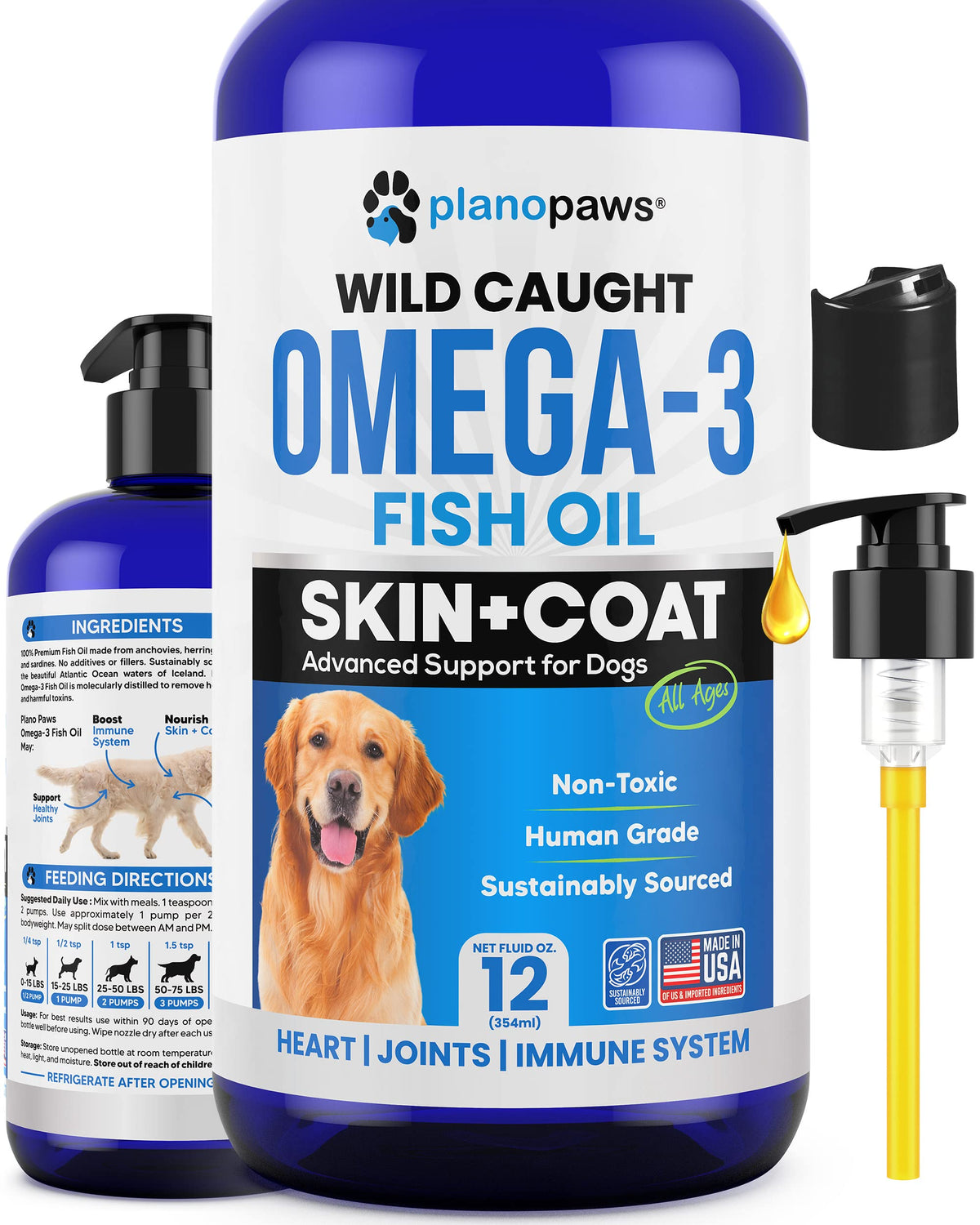 Planopaws Omega-3 Dogs bottle pour shows ocean-sourced oil for healthier skin and coat.