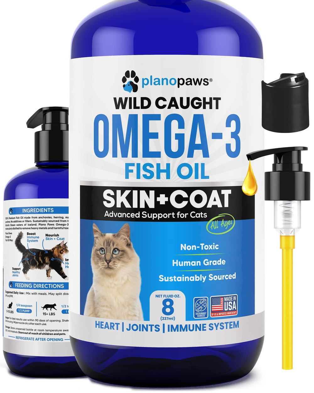Plano Paws Omega-3 fish oil cat bottle pour highlighting easy dosing and joint support
