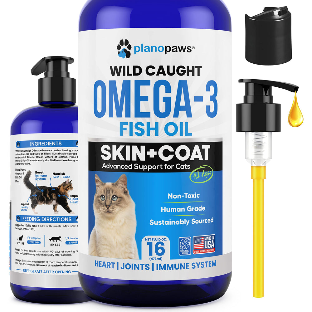 Planopaws Omega-3 fish oil cat bottle with clear label for joint and coat support.