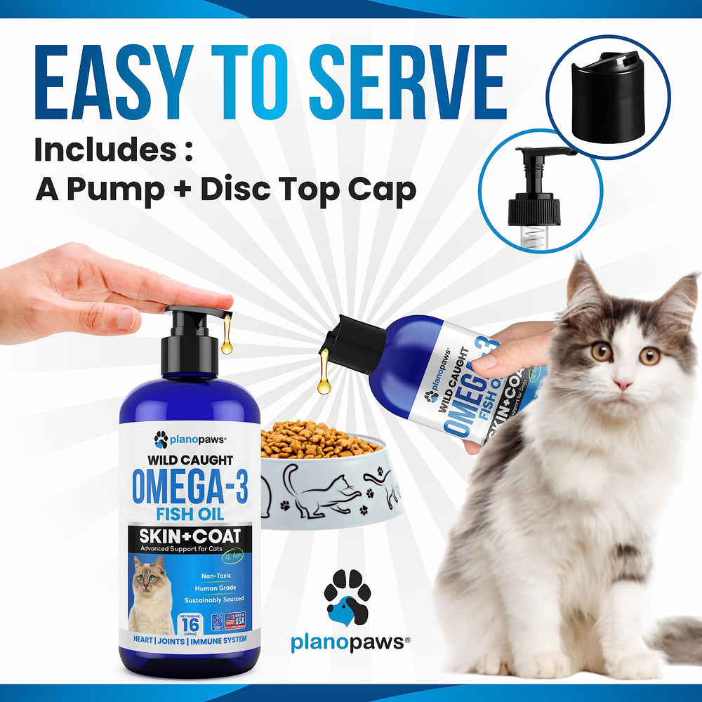 Planopaws omega-3 for all breeds image showing pump top for kittens and adult cats.
