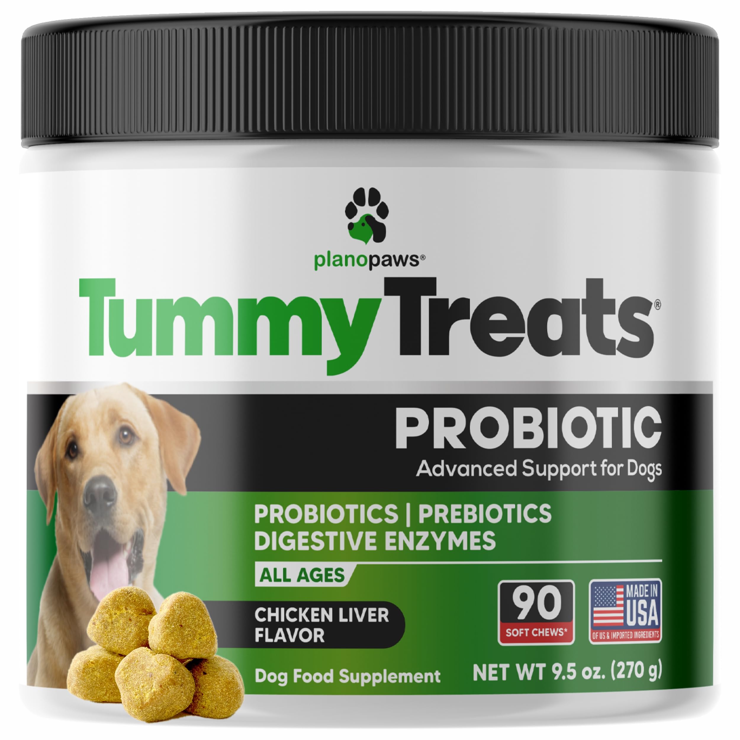 Planopaws probiotics for dogs bottle signals gut health support and daily digestion benefits.