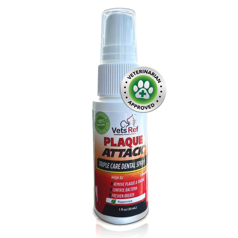 Plaque Attack pet dental spray bottle with peppermint for quick, fresh breath in pets.