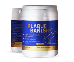 Plaque Banish tube close-up for natural pet dental care