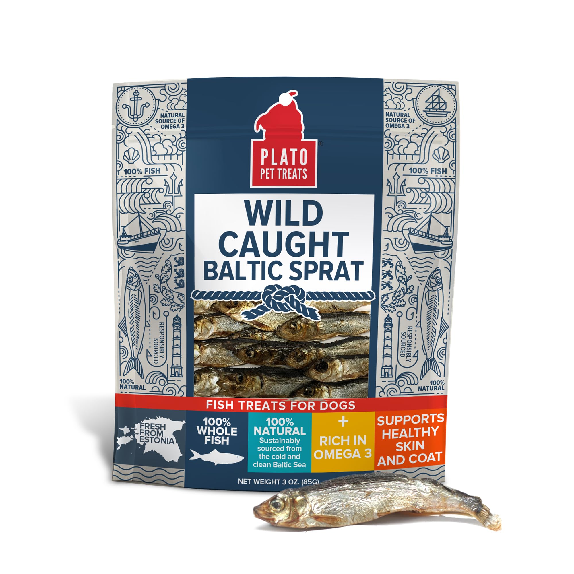 PLATO Baltic Sprat whole-fish treats offer a natural omega-3 and omega-6 boost.