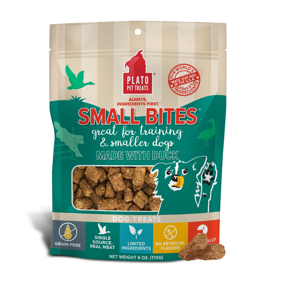 PLATO Duck Small Bites packaging highlights grain-free real meat for training rewards.