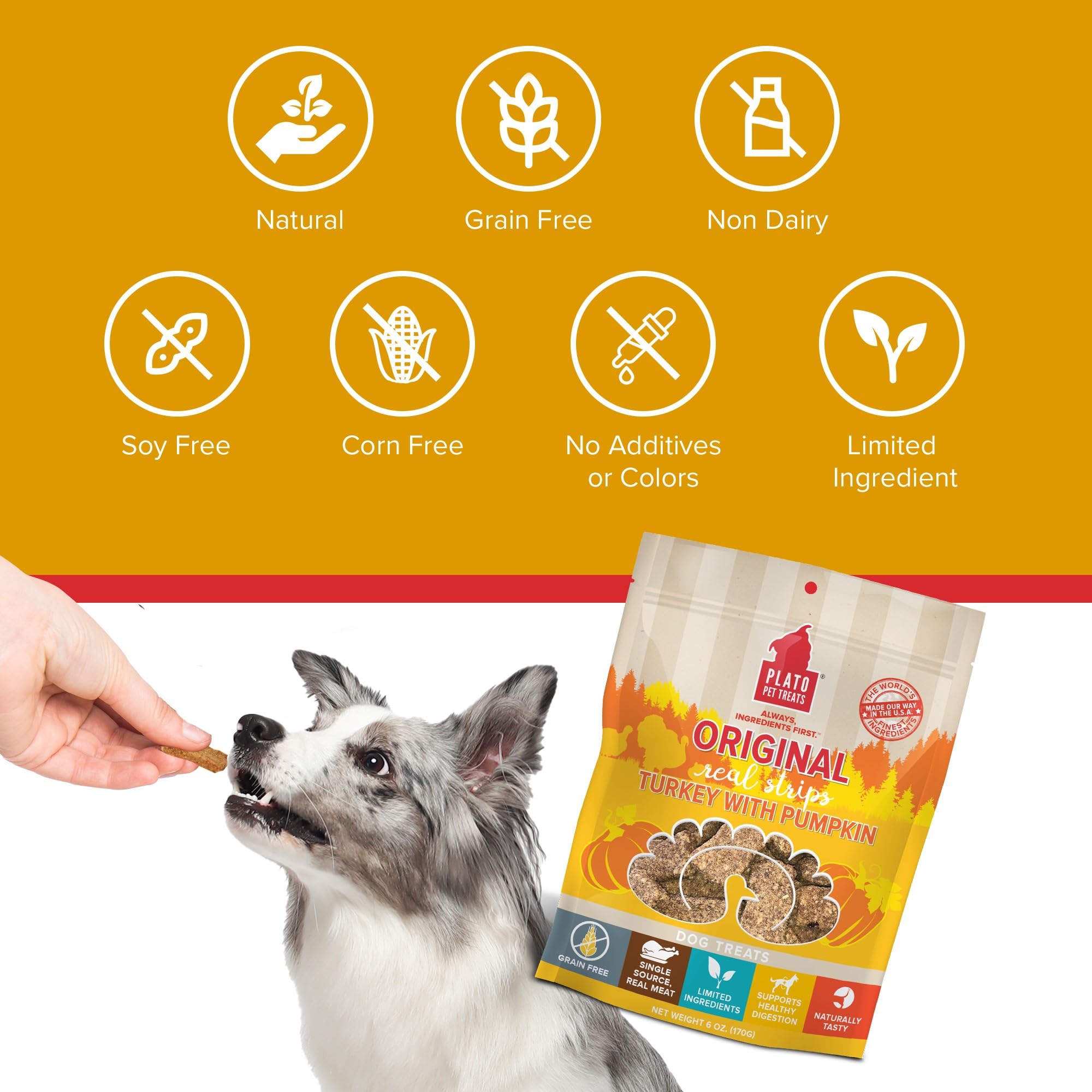 PLATO Real Strips 6oz bag displayed as convenient snack size