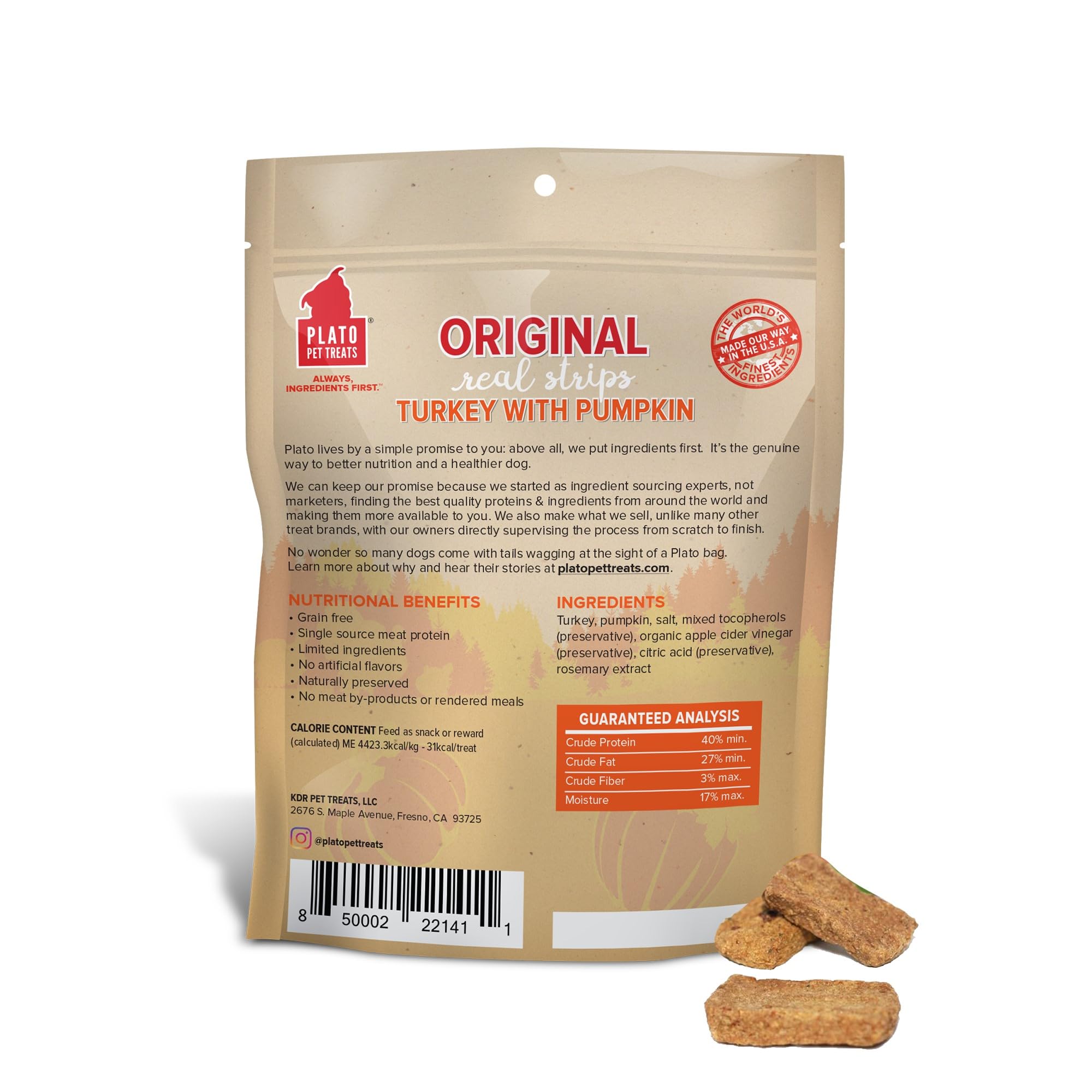 PLATO Real Strips Turkey & Pumpkin bars for easily portioned rewards