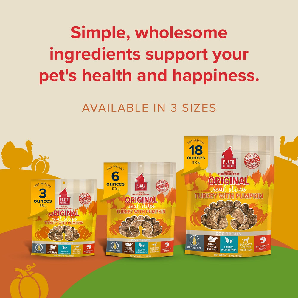 PLATO Real Strips turkey-pumpkin USA facility label highlighting California-made quality