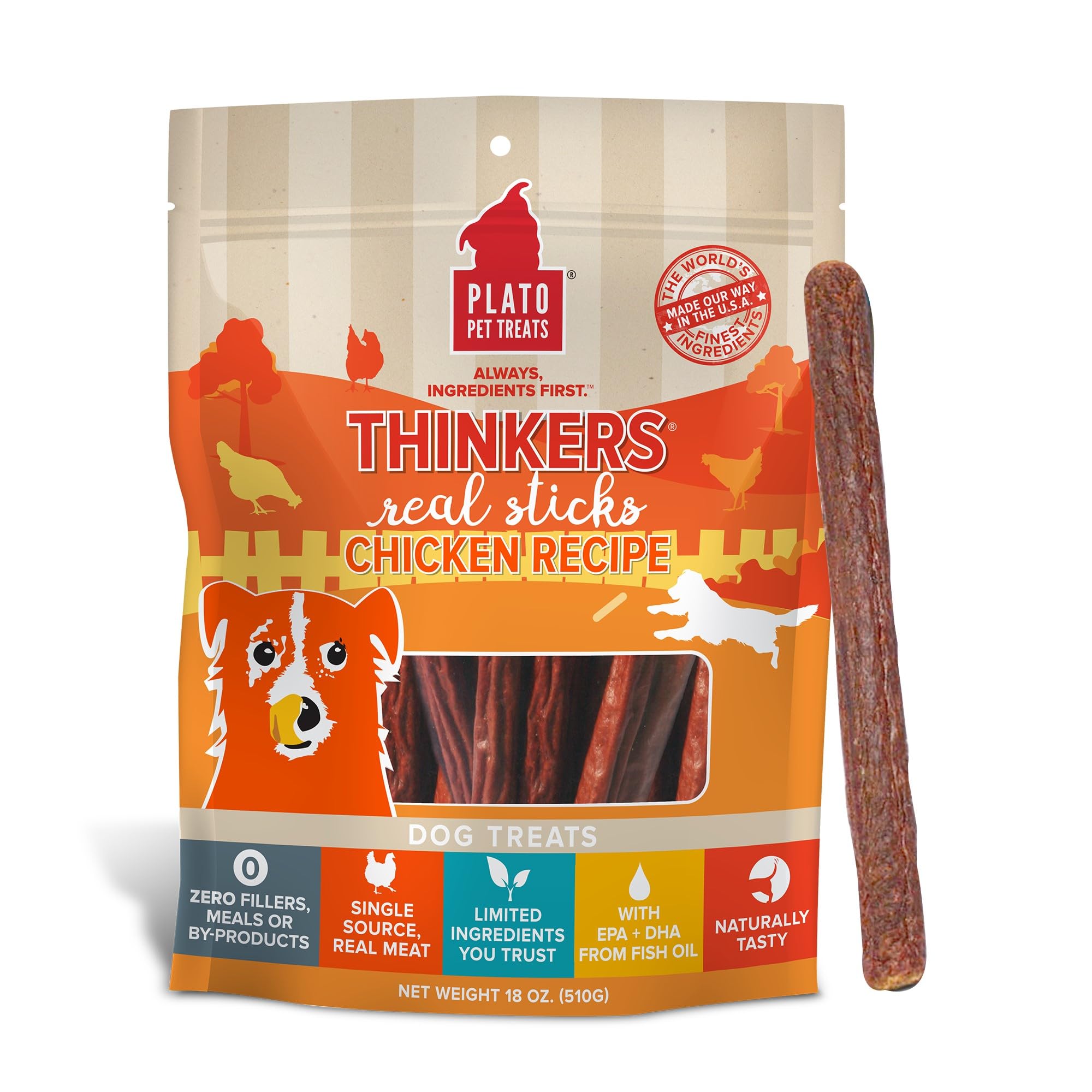 PLATO Thinkers chicken 18oz bag—large chews for long-lasting rewards