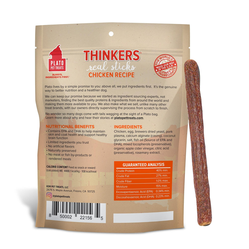 PLATO Thinkers chicken 18oz stick closeup—real chicken first ingredient, tasty and satisfying