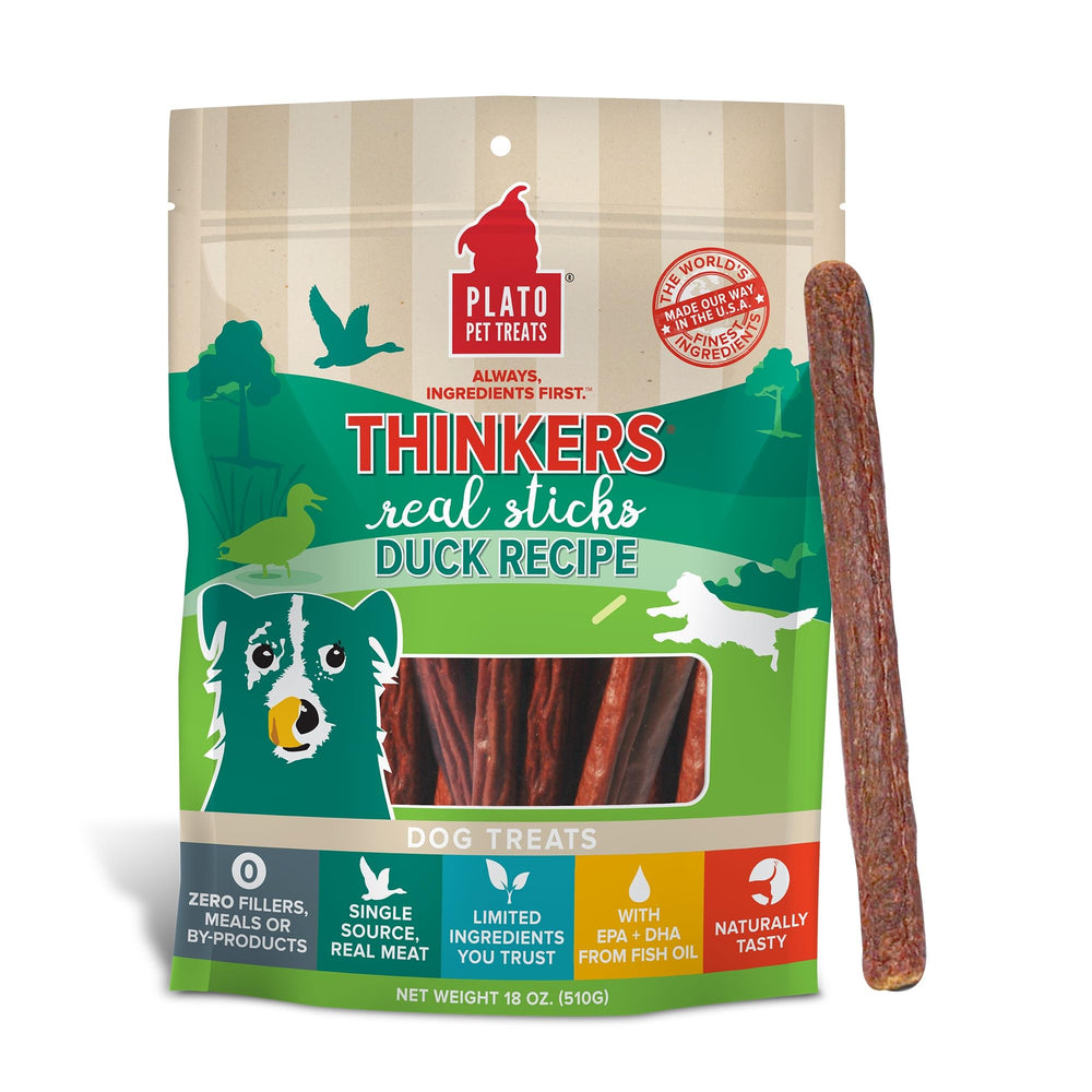 PLATO Thinkers Duck packaging highlighting real duck as the first ingredient for dogs