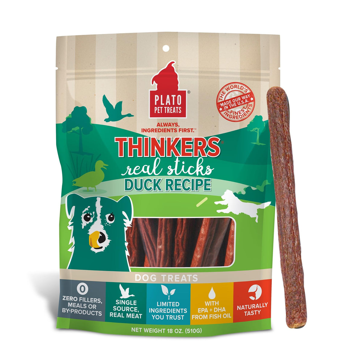 PLATO Thinkers Duck packaging highlighting real duck as the first ingredient for dogs