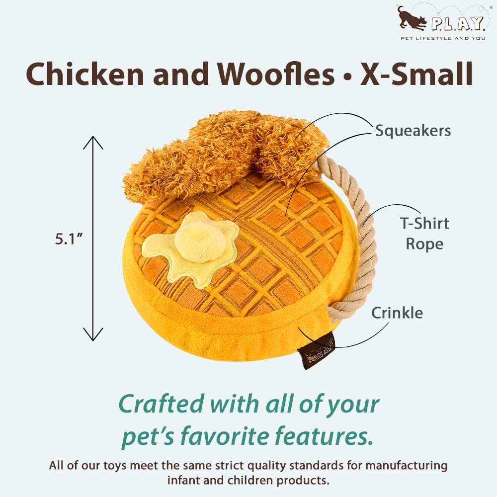P.L.A.Y. chicken waffles plush toy close-up showing reinforced stitching.