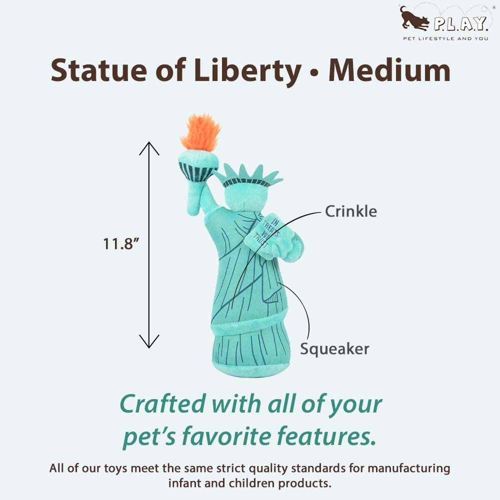 P.L.A.Y. plush Statue of Liberty toy side view, perfect for interactive fetch sessions.