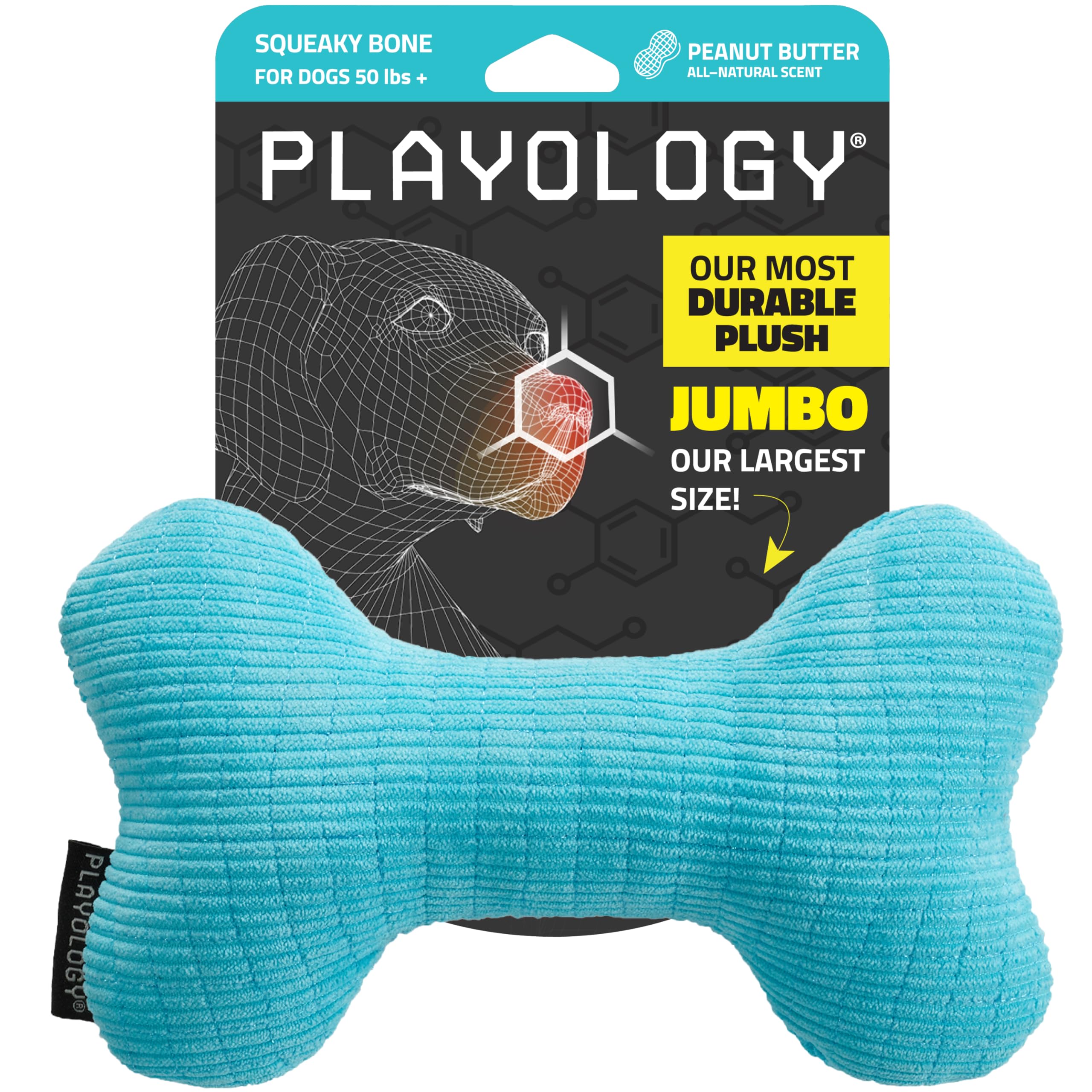 Playology plush squeaky bone front view shows bite resistant core for durable play