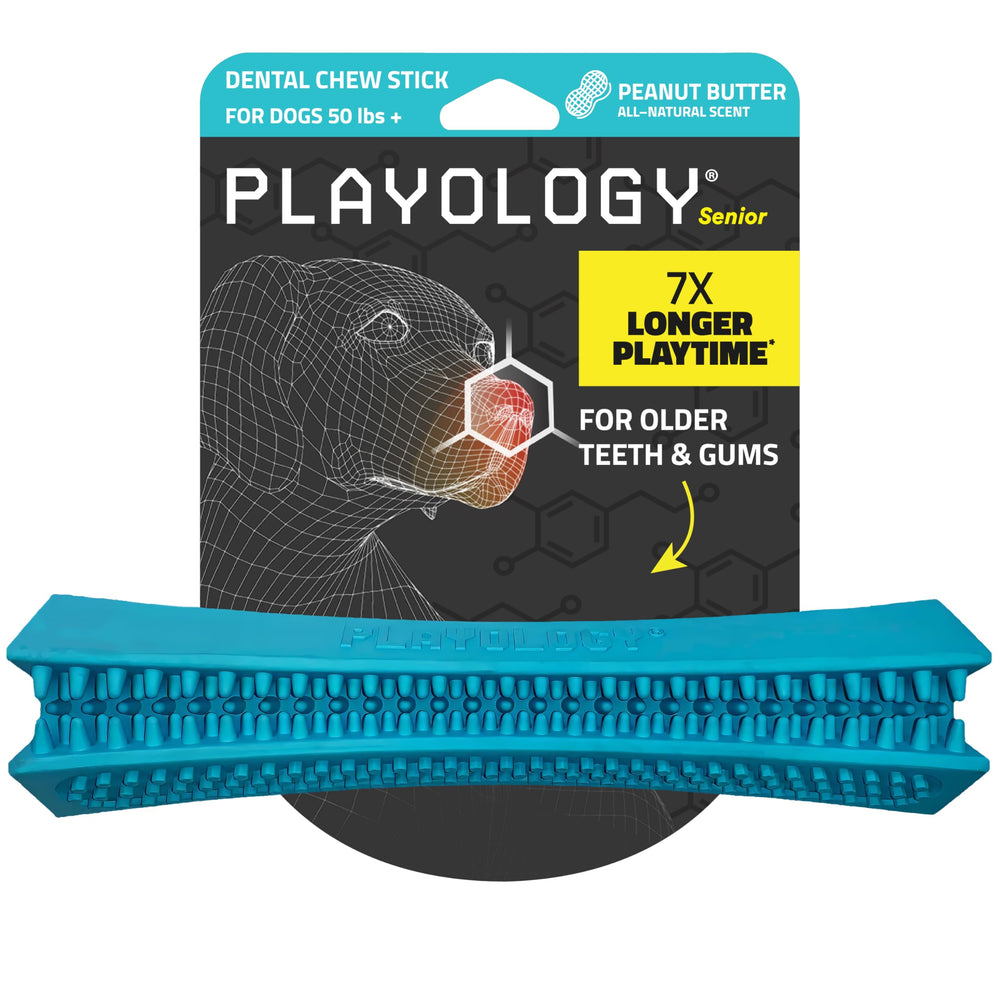 Playology dog toy senior dental chew stick cleans teeth during chewing.