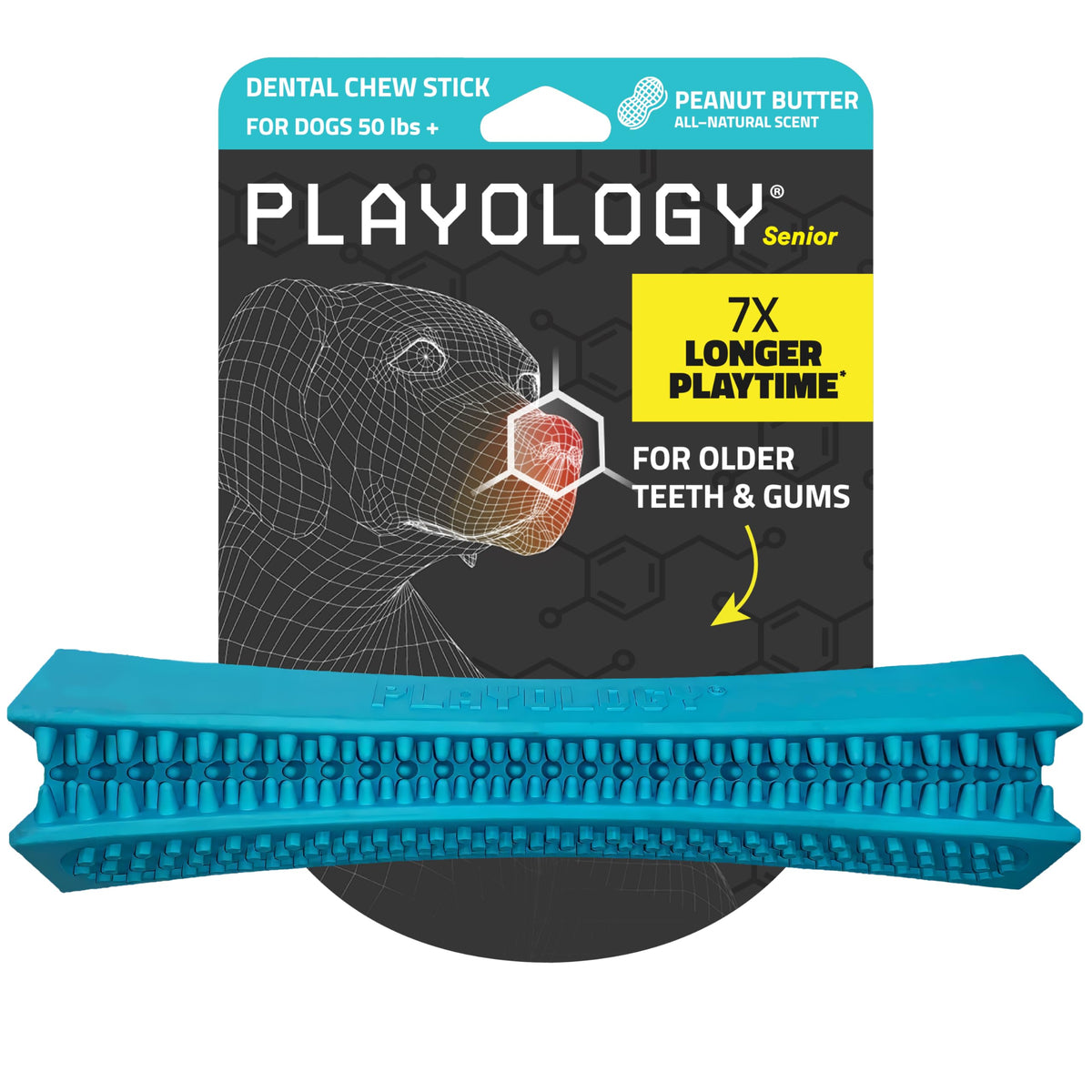 Playology dog toy senior dental chew stick cleans teeth during chewing.