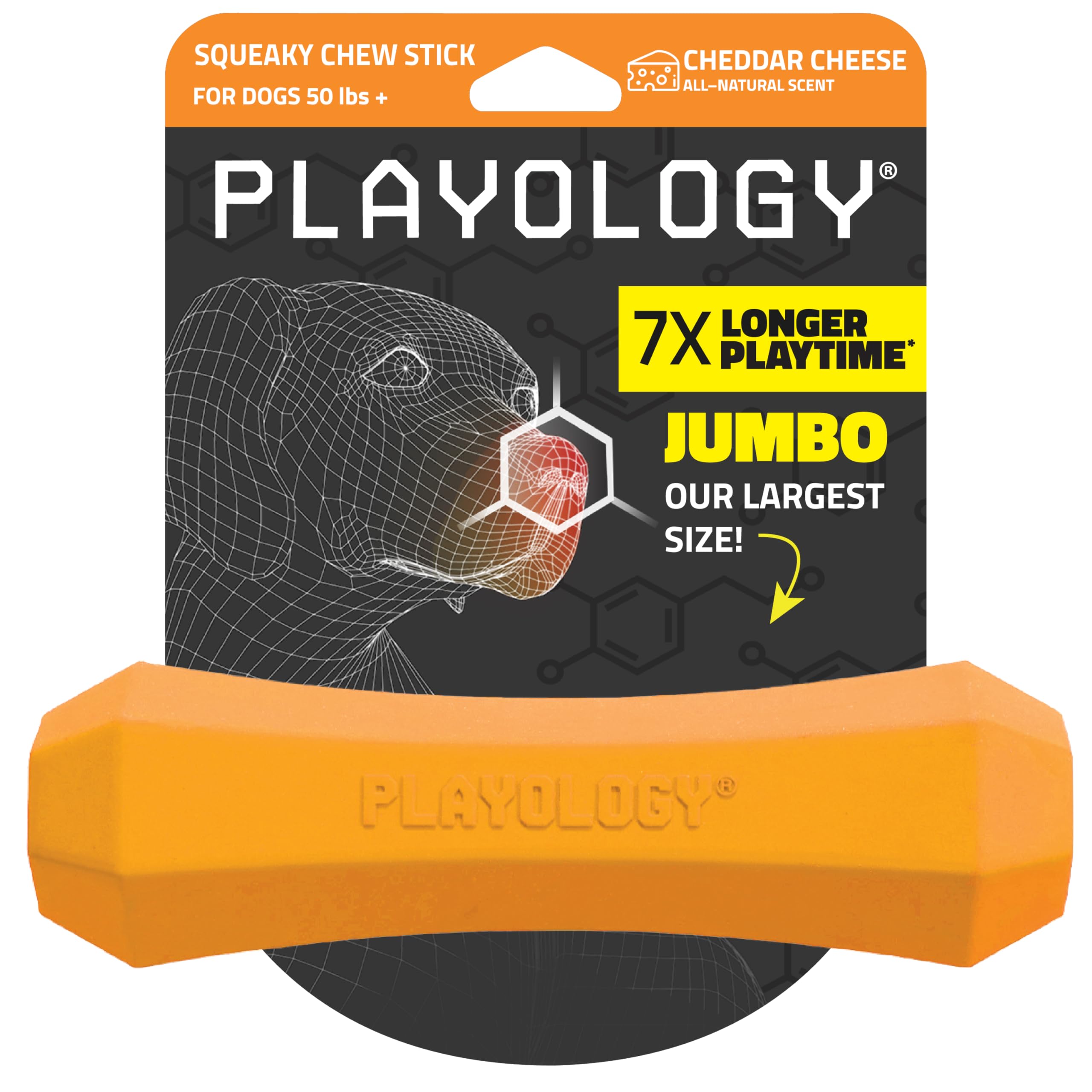 Playology dog toy squeaky-chew-stick cheddar closeup boosts engagement with cheddar scent
