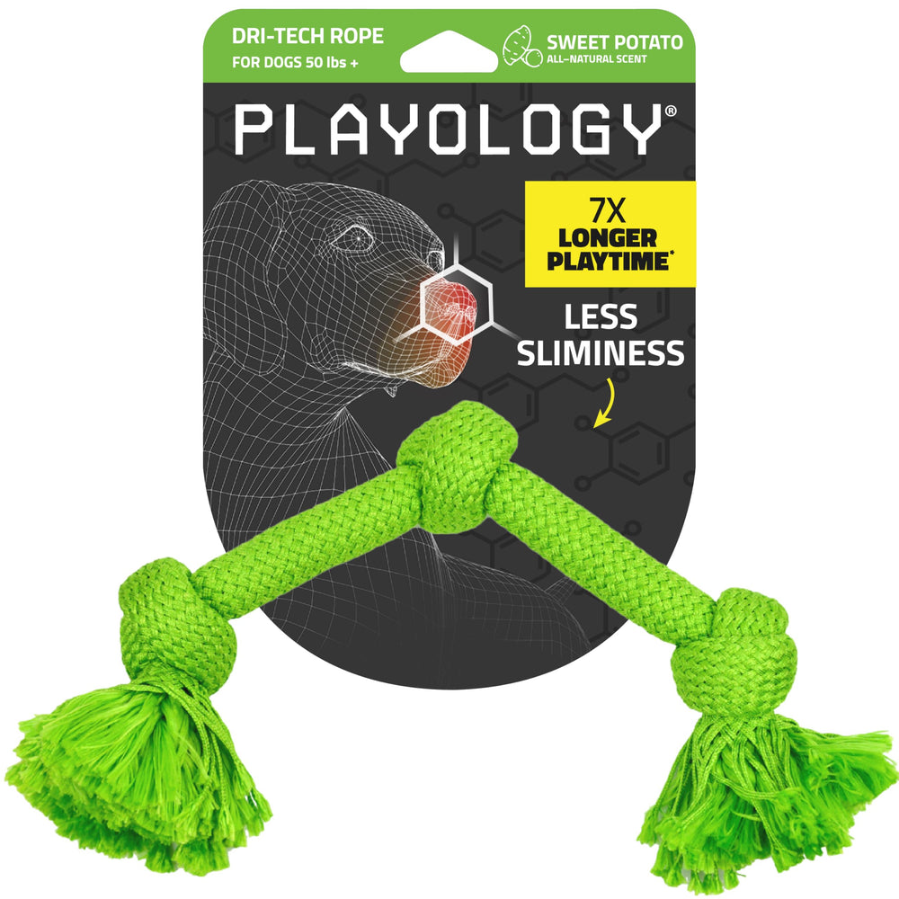 Playology Dri-Tech Rope Tug image shows durable rope toy for aggressive chewers and interactive play