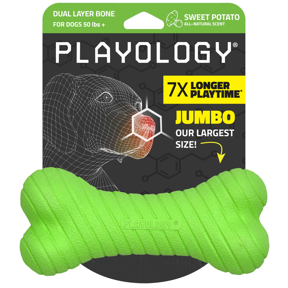 Playology dual-layer bone closeup showcases durable chew design for strong chewers, indoors or outdoors.