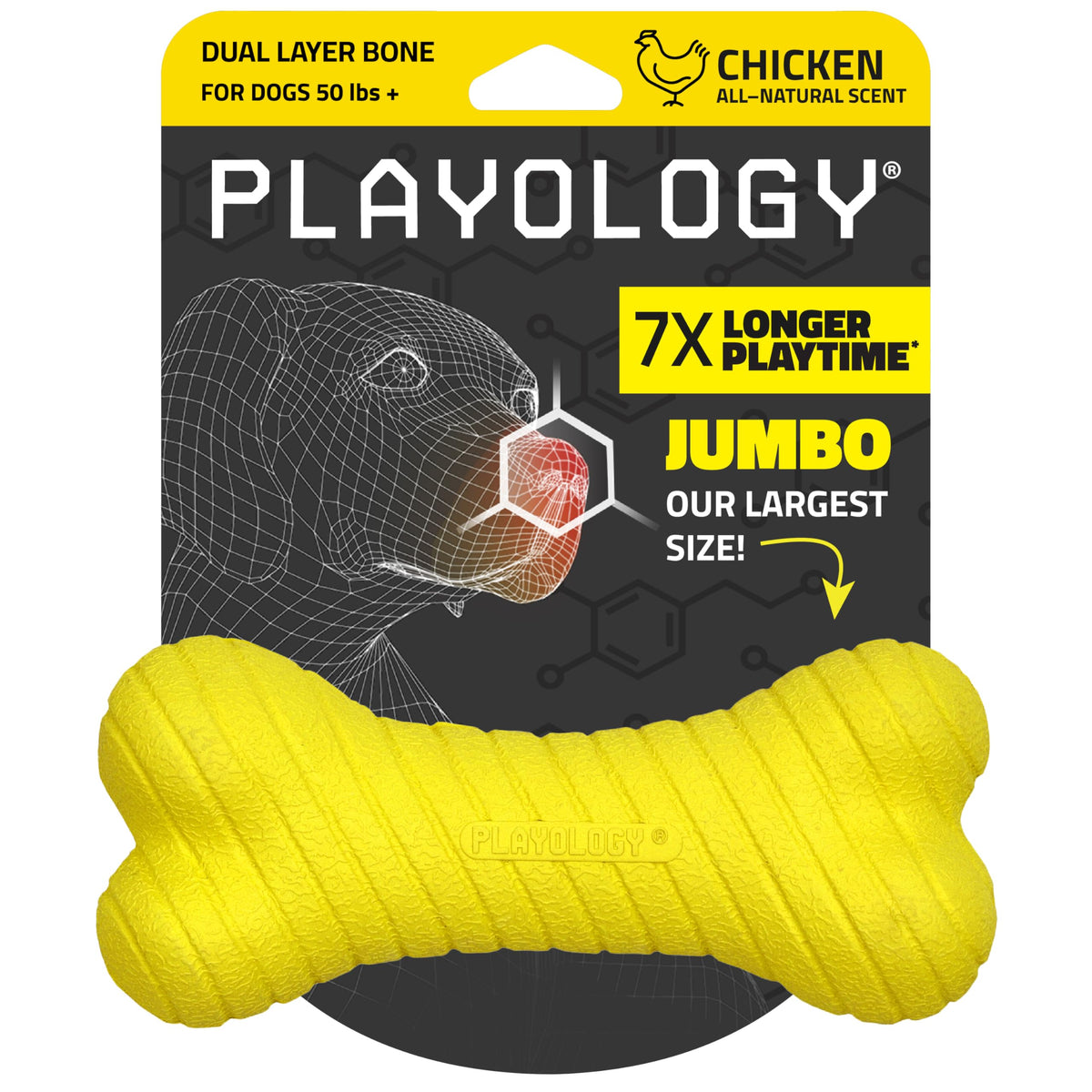 Playology dual-layer bone dog toy front view for durable, long-lasting chew sessions.