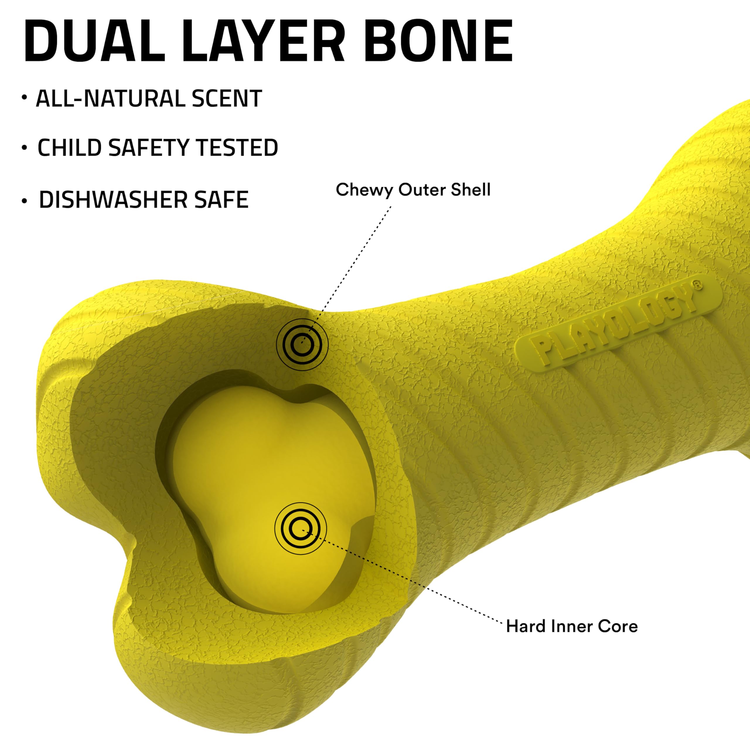 Playology dual-layer bone dog toy side view showing large dog chew suitability.