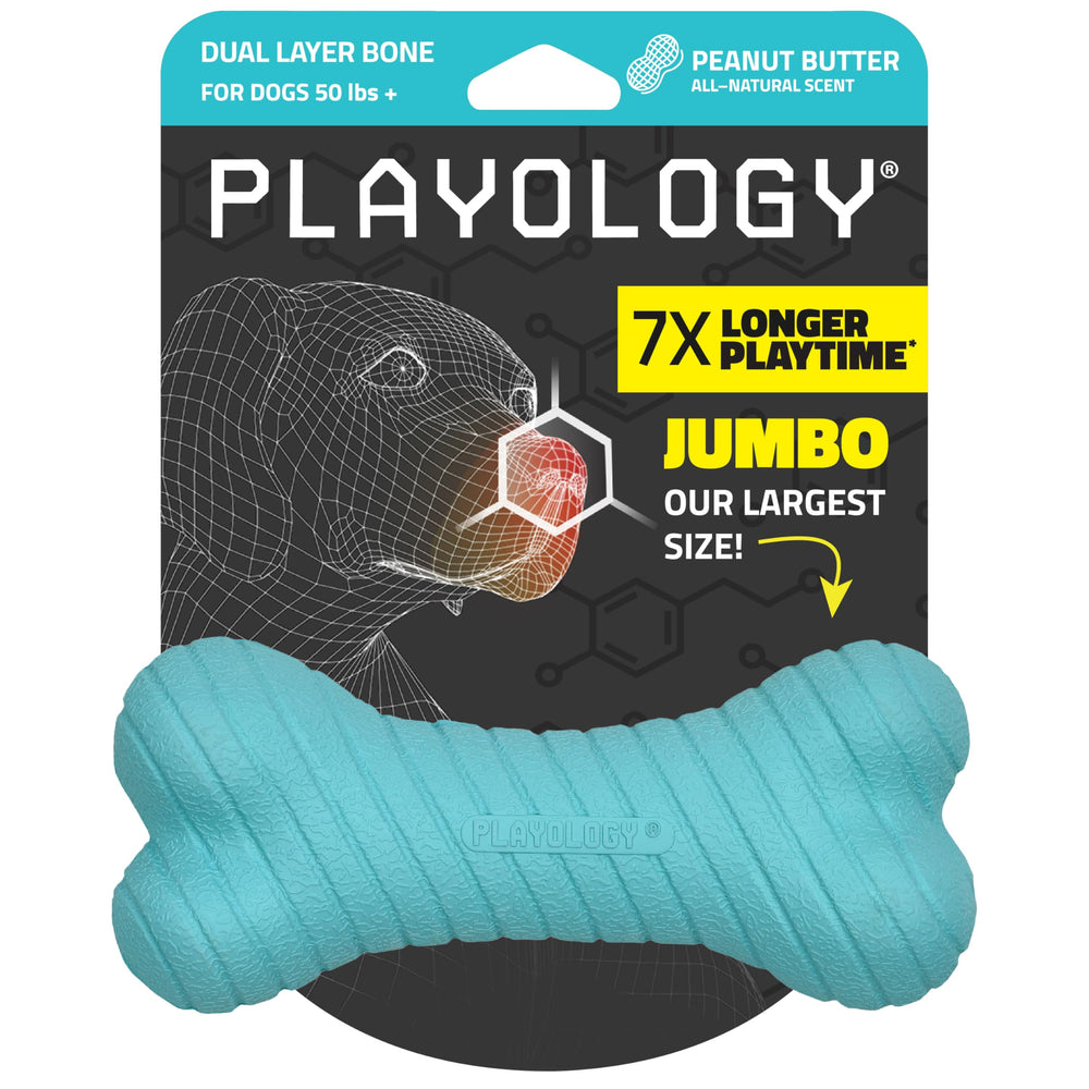 Playology Dual Layer Bone outer shot demonstrates rugged durability for large dogs during play.