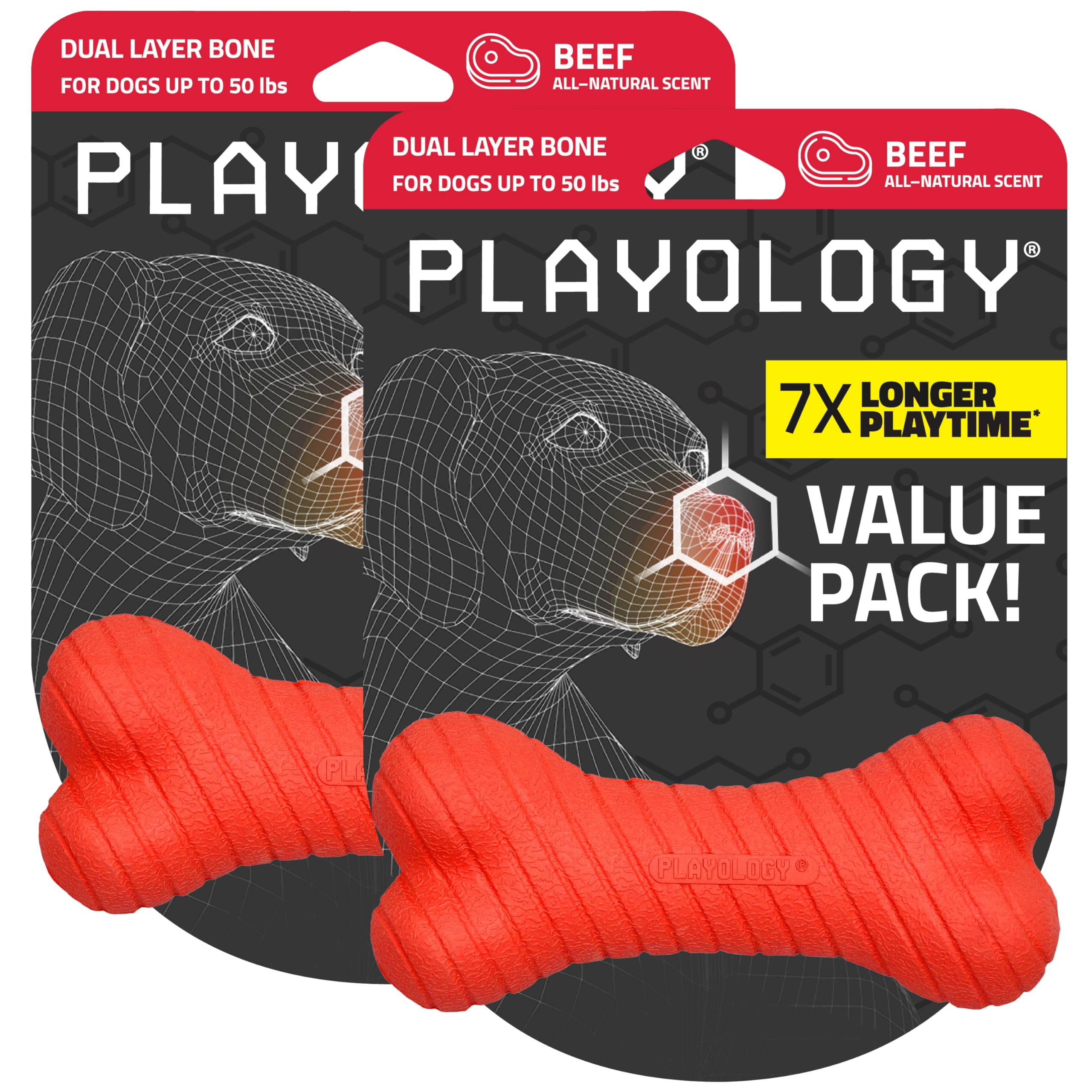 Playology dual-layer bone toy 2-pack with beef scent for durable chewing
