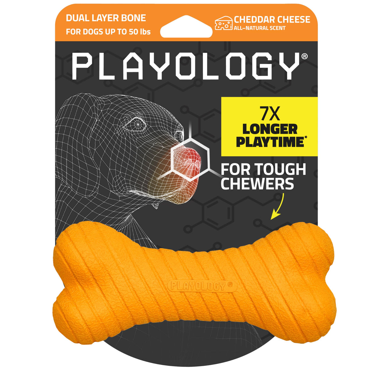 Playology dual-layer bone chew toy outer view for durability and visibility during play.