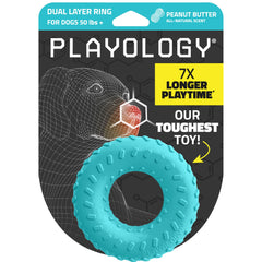 Playology dual-layer ring chew toy closeup showing durable exterior and inner core for tough chewers.