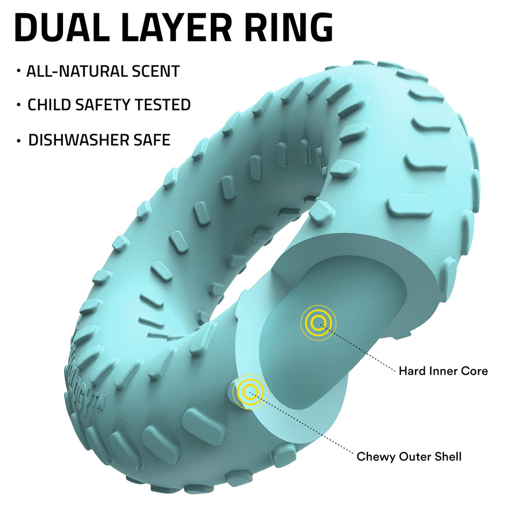 Playology dual-layer ring dog chewing action illustrating extended play for aggressive chewers.