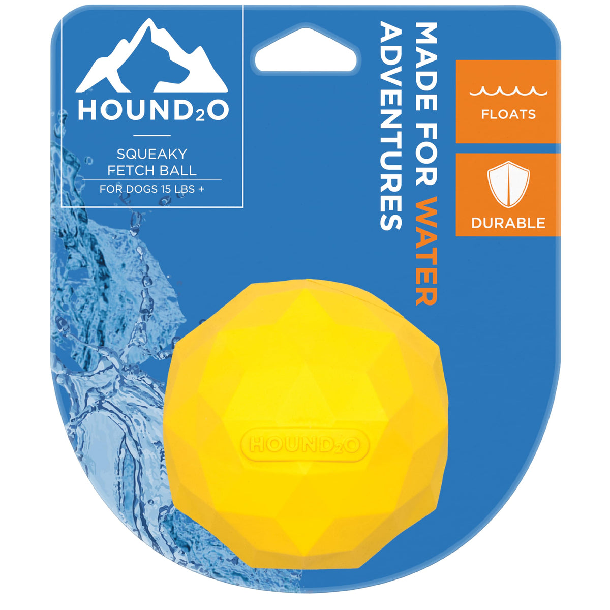 Playology Hound2O squeaky fetch ball with a textured grip for easy outdoor play.