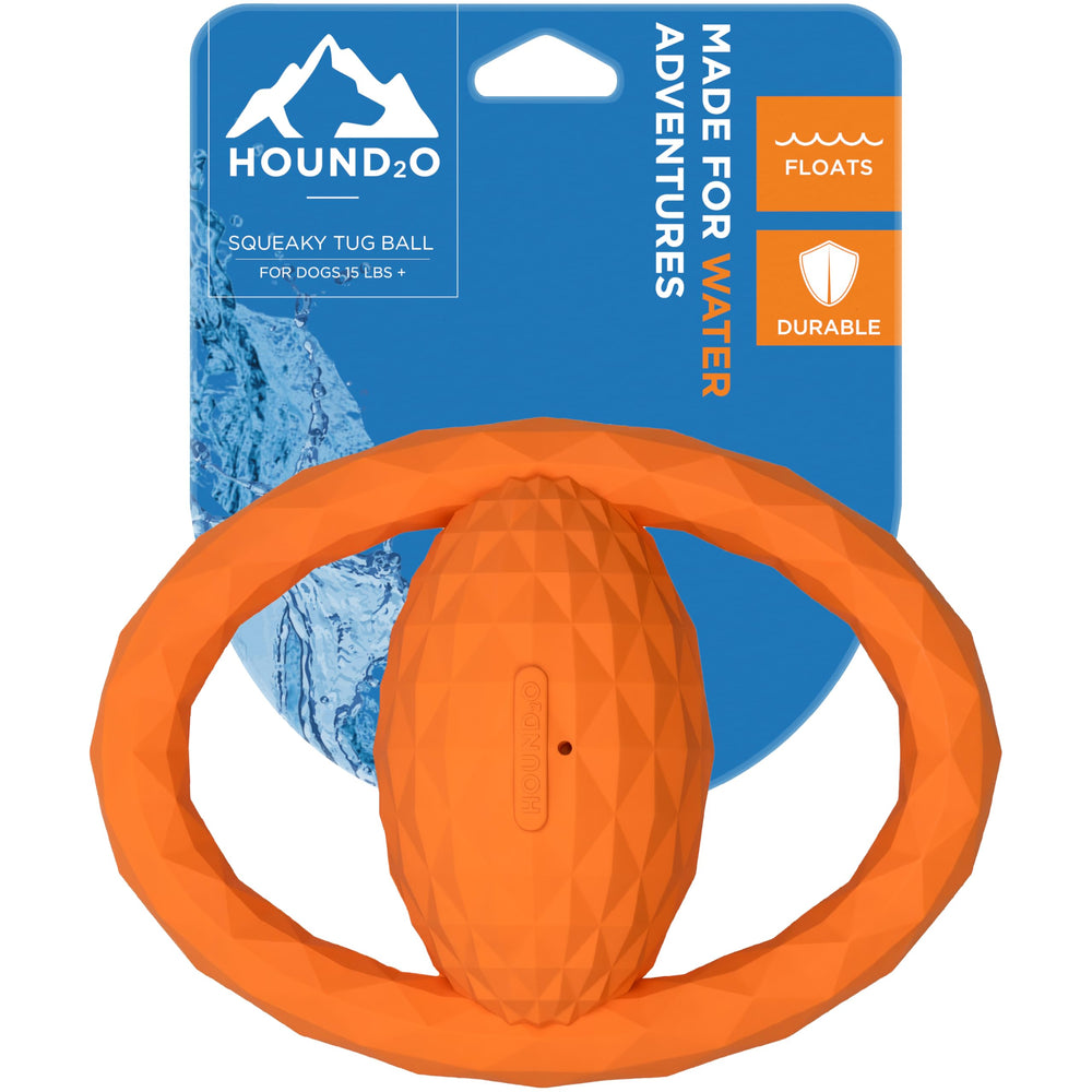 Playology Hound2O squeaky tug ball with dual handles for engaging tug-of-war play