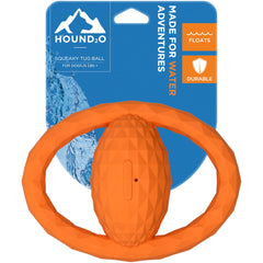 Playology Hound2O squeaky tug ball with dual handles for engaging tug-of-war play