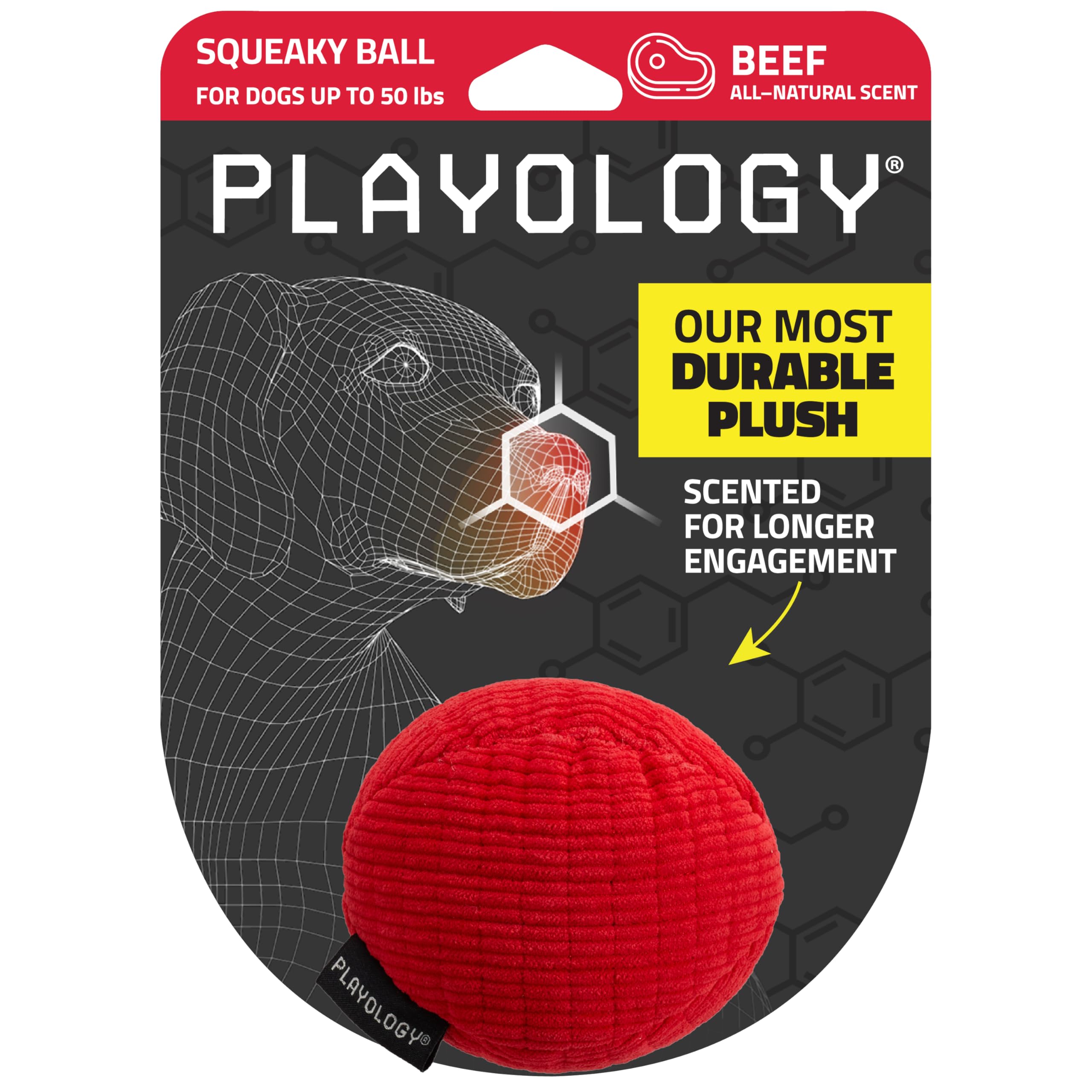 Playology plush squeaky ball dog toy designed for durable interactive play.