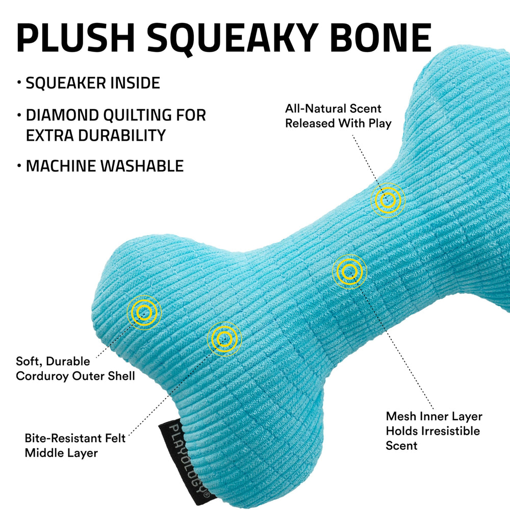 Playology plush squeaky bone toy side view ideal for extended chewing sessions.