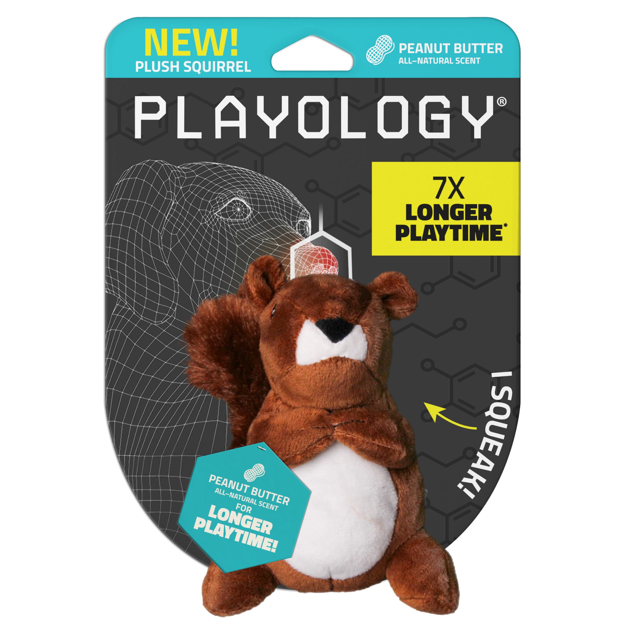 Playology plush squirrel squeak toy highlighting fun squeak and peanut butter scent for interactive play.