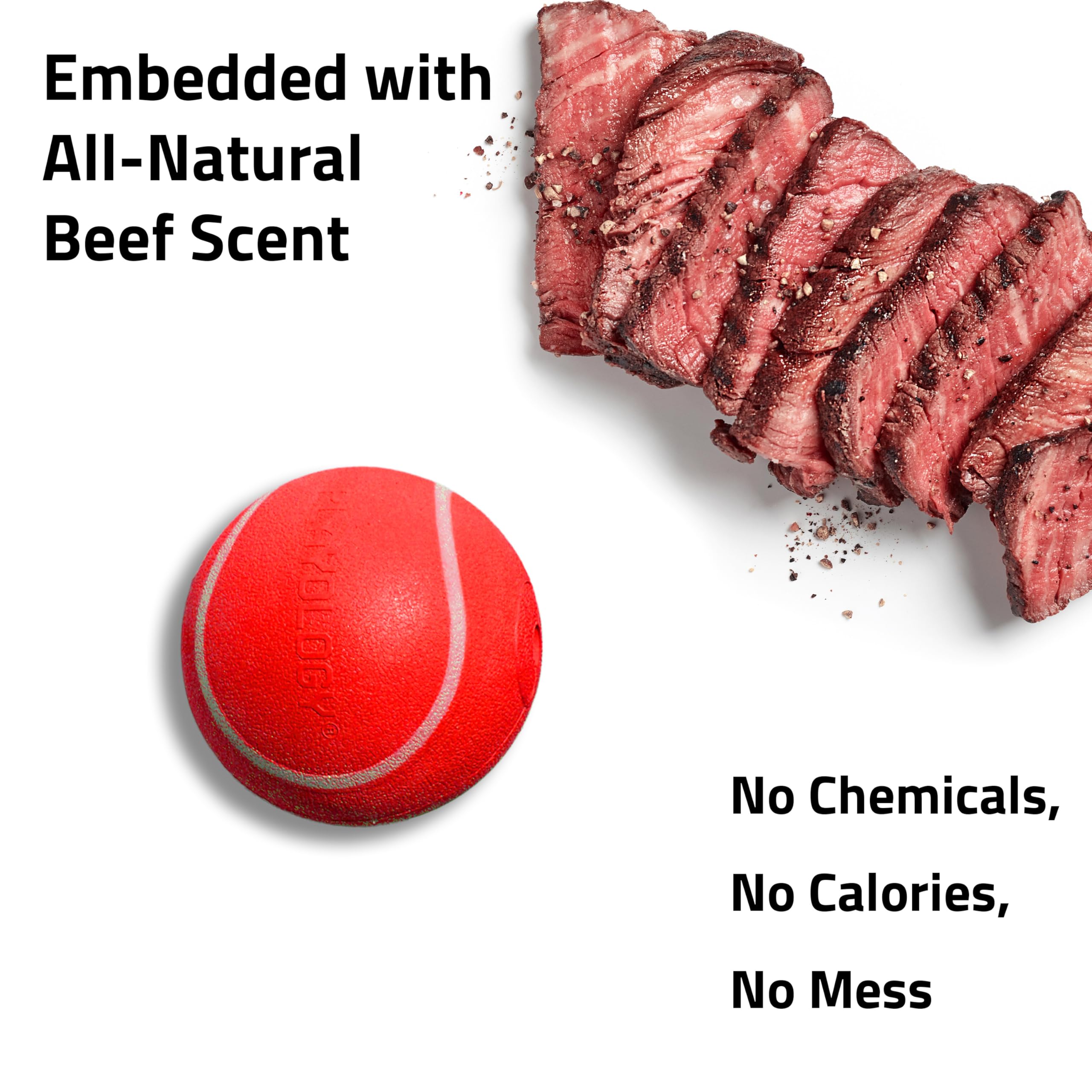 Playology Squeaky Chew Ball beef-scent enhances scent-driven play.