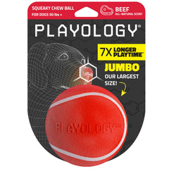 Playology Squeaky Chew Ball close-up shows beef scent for engaging playtime.