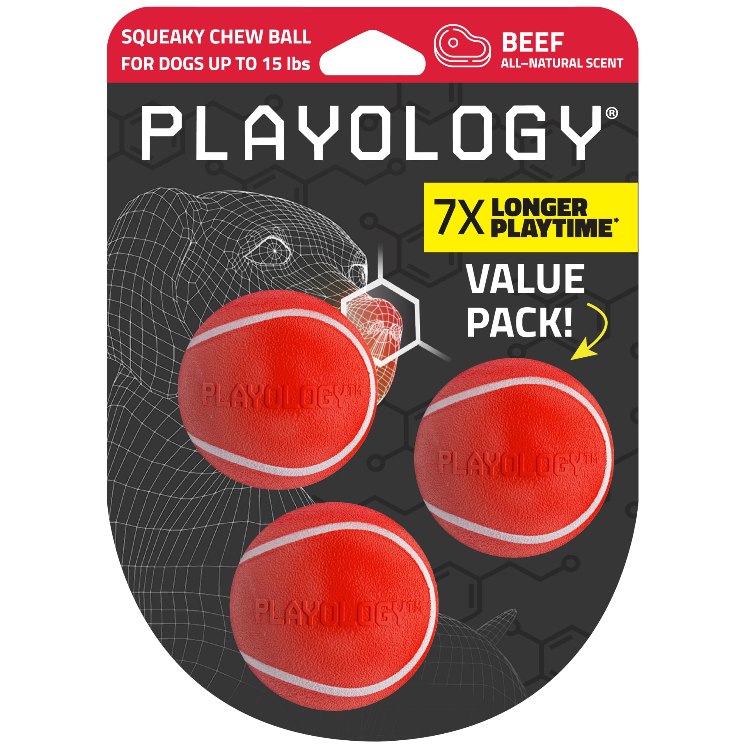 Playology Squeaky Chew Ball close-up showing beef scent for engaging play