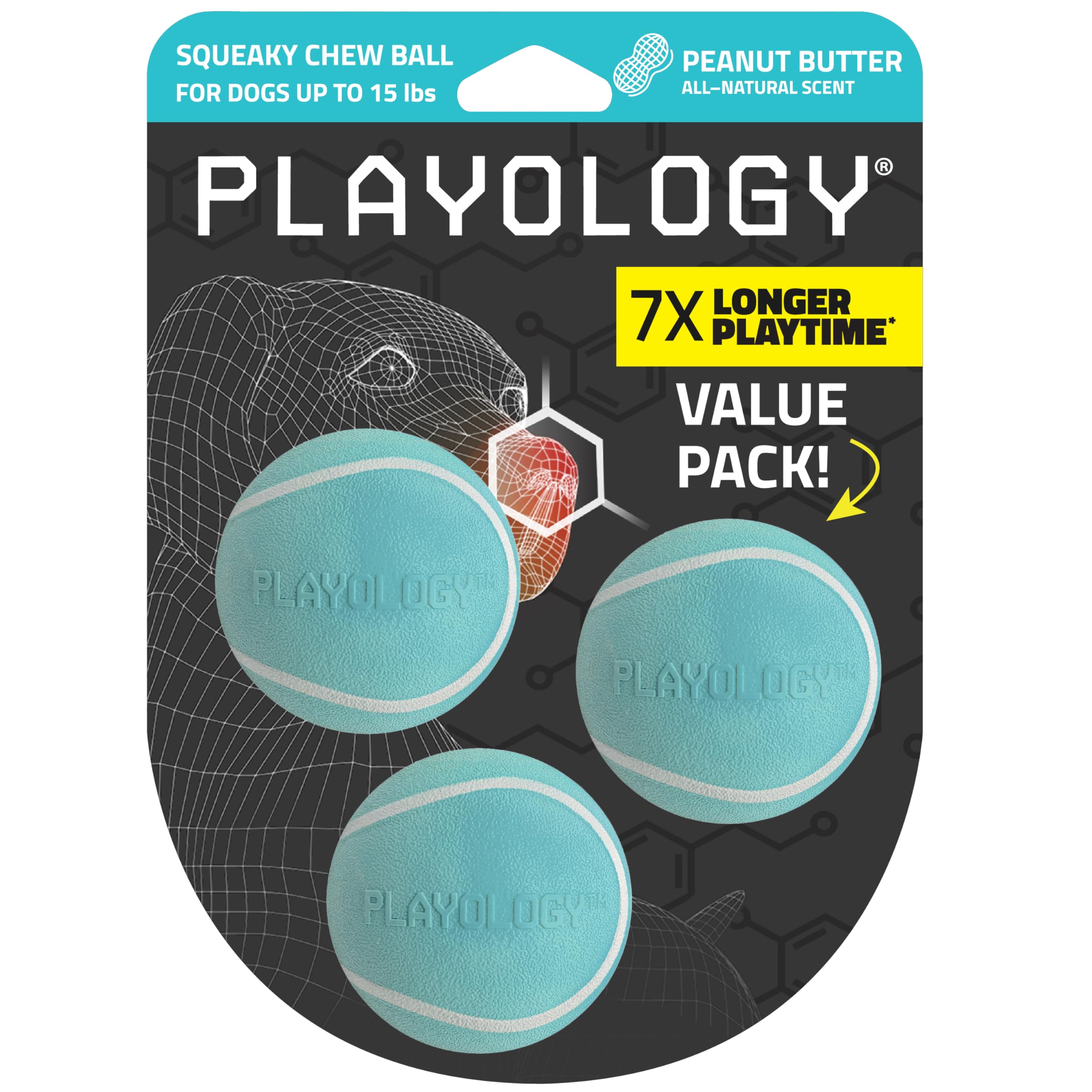 Playology Squeaky Chew Ball closeup squeak delivers engaging play for small dogs.