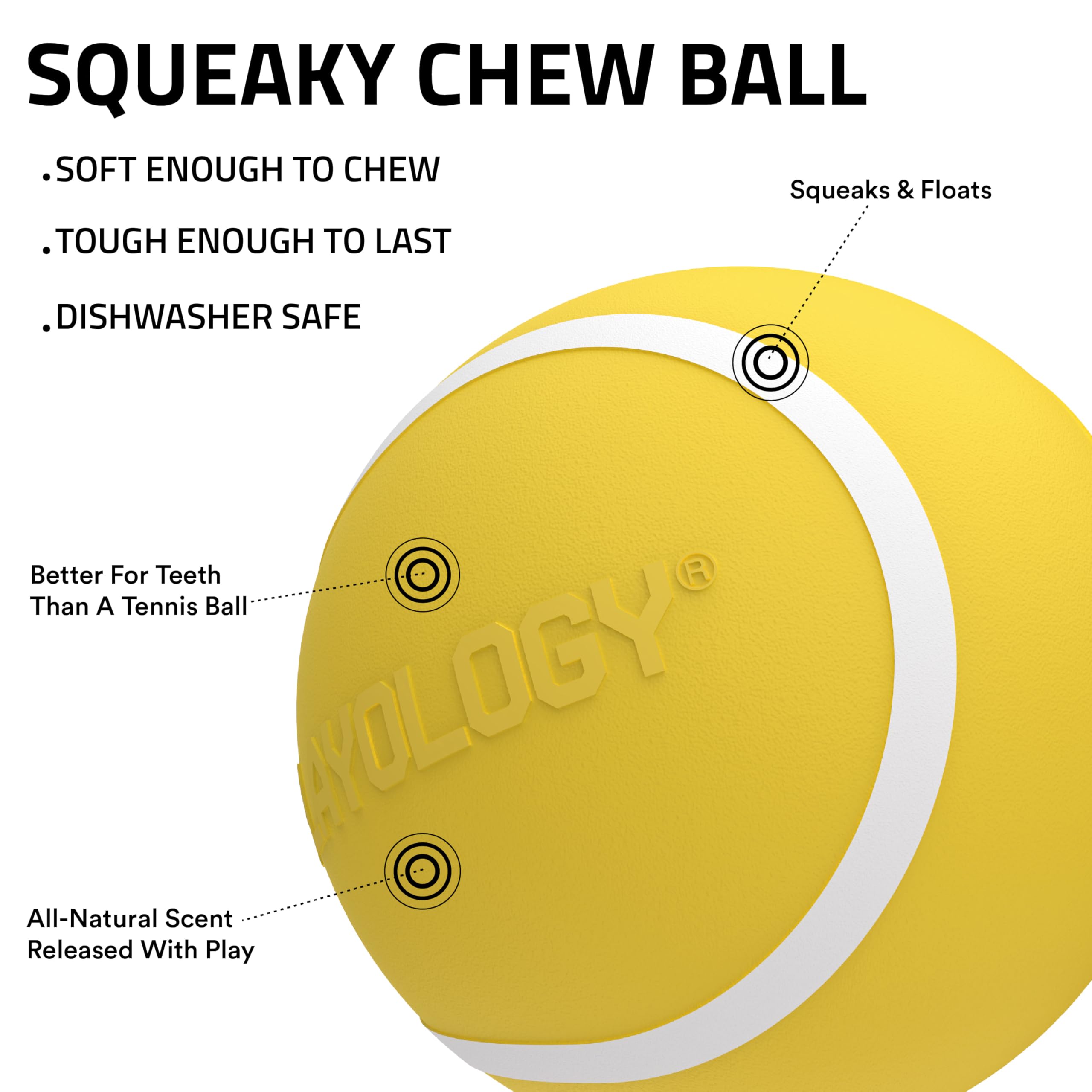 Playology Squeaky Chew Ball side-view showing rugged chew and bounce