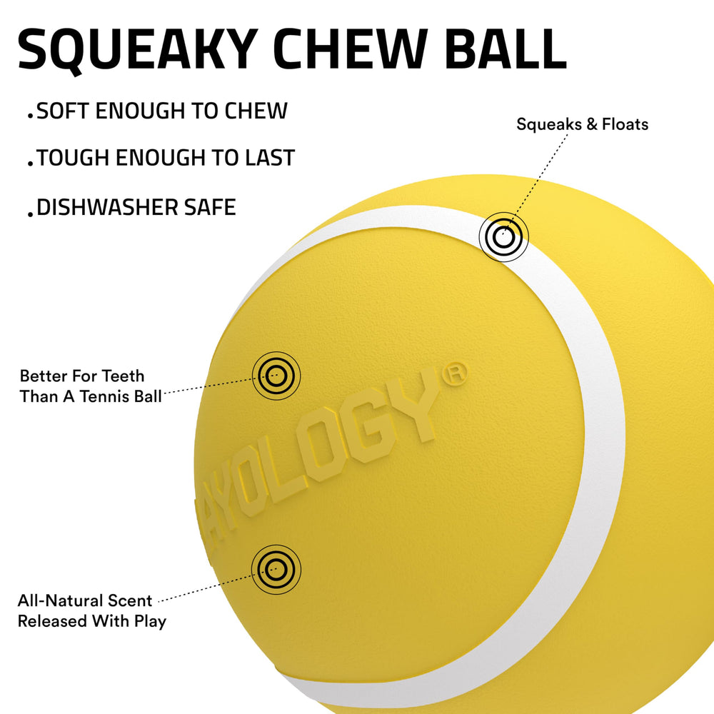 Playology Squeaky Chew Ball side-view showing rugged chew and bounce