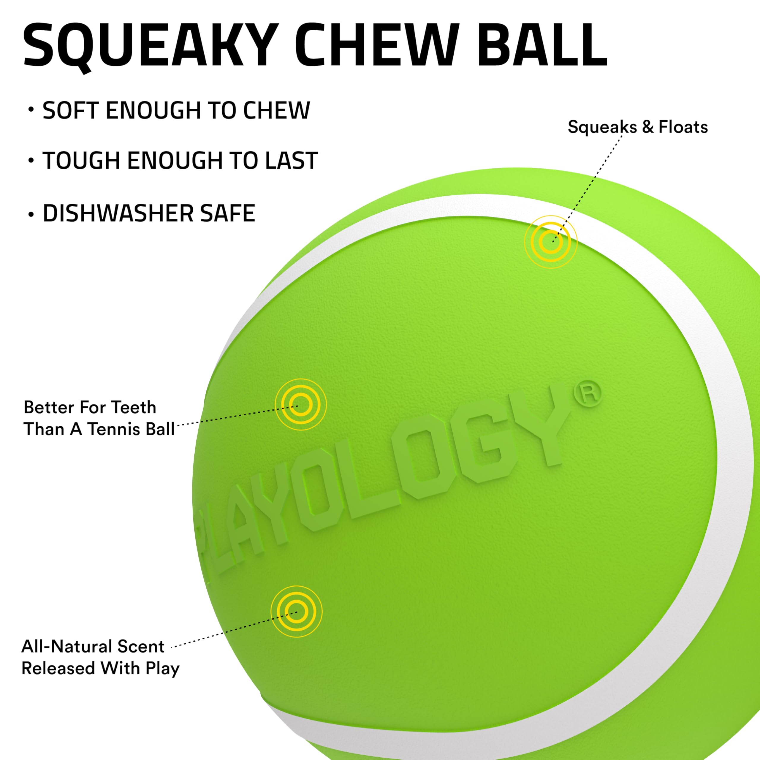 Playology Squeaky Chew Ball scent-encapsiscent shows long-lasting sweet potato scent for canine engagement.